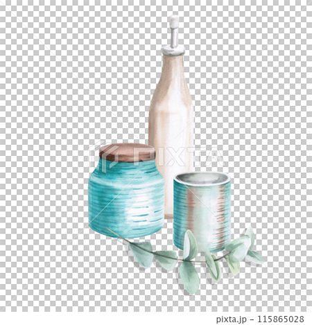 Set of kitchen jars, oil bottle and eucalyptus branch in watercolor illustration on a white background. Hand-drawn illustration for invitations, announcements of culinary master classes, magazines. Set of kitchen jars, oil bottle and eucalyptus branch in watercolor illustration on a white background. Hand-drawn illustration for invitations, announcements of culinary master classes, magazines. 115865028