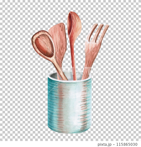 Set of kitchen wooden spoons, spatulas in watercolor illustration on a white background. Hand-drawn illustration for invitations, announcements of culinary master classes, magazines Set of kitchen wooden spoons, spatulas in watercolor illustration on a white background. Hand-drawn illustration for invitations, announcements of culinary master classes, magazines 115865030