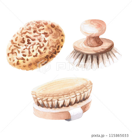 Brushes and loofah in watercolor illustration on a white background. Hand drawn spa treatment set illustration for advertising hotels, swimming pools, invitations, SPA, sauna, Finnish bath, hammam. 115865033
