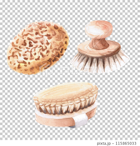 Brushes and loofah in watercolor illustration on a white background. Hand drawn spa treatment set illustration for advertising hotels, swimming pools, invitations, SPA, sauna, Finnish bath, hammam. 115865033
