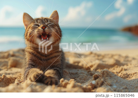 An orange cat yawing at the beach 115865046
