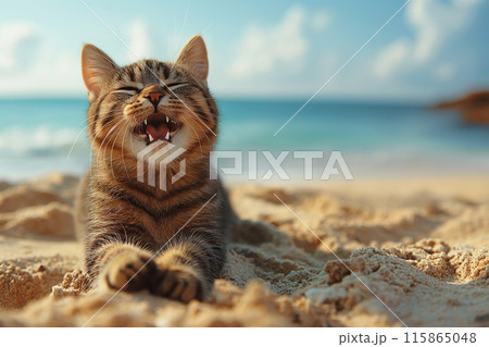 An orange cat yawing at the beach 115865048