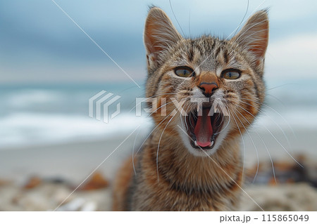 An orange cat yawing at the beach 115865049