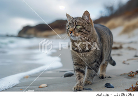 A cat walking at the beach with beautiful sunset, peaceful day 115865068