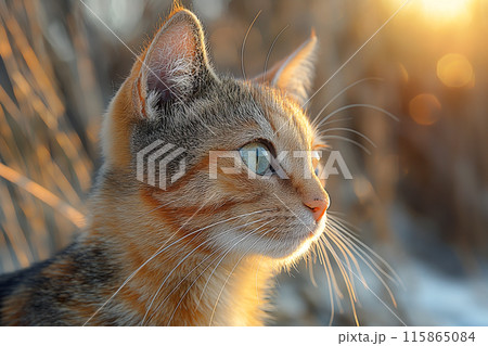 Close up of a cat in a beach with sunlight highlighting its fur and features Close up of a cat in a beach with sunlight highlighting its fur and features 115865084