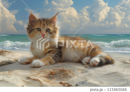 An orange kitten walking at the beach on beautiful sunny day, peaceful day, pebble An orange kitten walking at the beach on beautiful sunny day, peaceful day, pebble 115865088