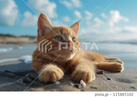 Orange cat relaxing in sunshine on beach, at summer Orange cat relaxing in sunshine on beach, at summer 115865102