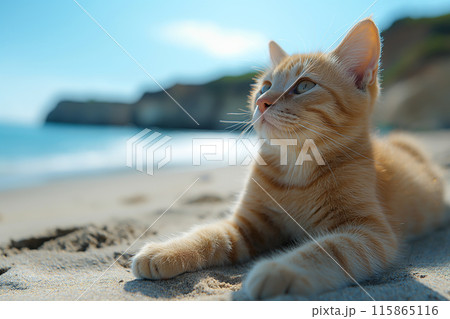 A cat at the beach relaxing sitting on sand on a sunny beautiful day A cat at the beach relaxing sitting on sand on a sunny beautiful day 115865116
