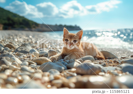 A cat on a pebble beach on sunny day A cat on a pebble beach on sunny day 115865121