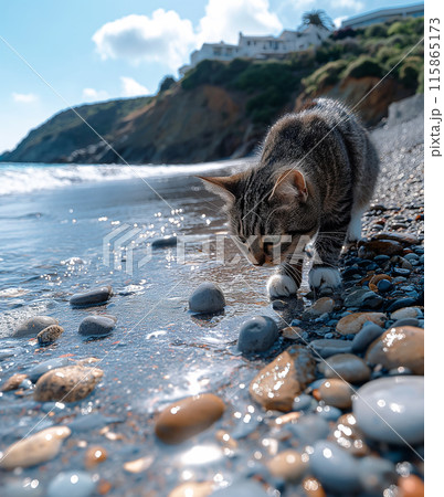 A cat on a pebble beach on sunny day A cat on a pebble beach on sunny day 115865173