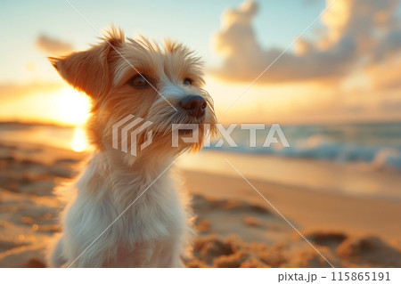 Happy dog enjoying a sunset on the beach 115865191