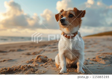 Happy dog enjoying a sunset on the beach 115865193