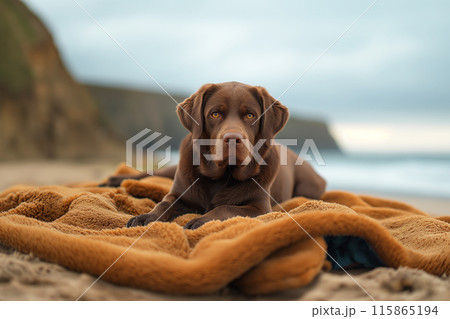 Happy dog enjoying a sunset on the beach 115865194