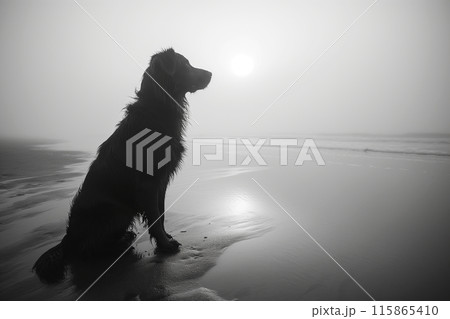 Happy dog enjoying a sunset on the beach 115865410