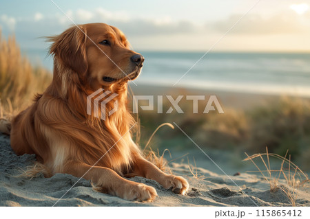 Happy dog enjoying a sunset on the beach 115865412