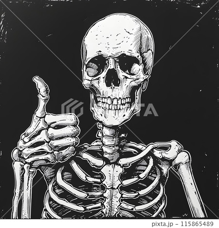 Skeleton with a human-like skull, giving a thumbs up gesture. Skeleton is drawn in black and white style on black background, creating a strong contrast. Artwork features intricate details 115865489