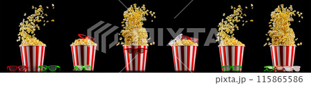 Set of paper striped buckets with popcorn isolated on black background Set of paper striped buckets with popcorn isolated on black background 115865586