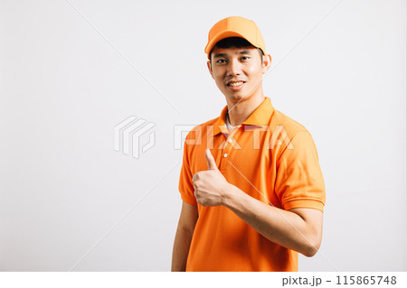 Portrait professional attractive delivery happy man standing he smile wearing orange t-shirt and cap uniform showing thumb up gesture looking to camera, studio shot isolated on white background Portrait professional attractive delivery happy man standing he smile wearing orange t-shirt and cap uniform showing thumb up gesture looking to camera, studio shot isolated on white background 115865748