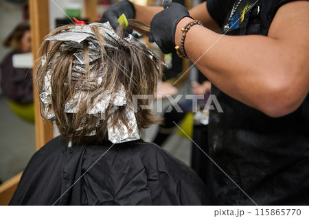 Professional hairstylist applying color to client's hair in salon 115865770