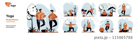 Yoga training concept with people scenes mega set in flat web design. Bundle of character situation with meditation, practice asanas, breathing, bodycare and healthy lifestyle. Vector illustrations. 115865788
