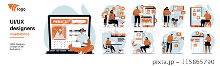 UI and UX designers concept with people scenes mega set in flat web design. Bundle of character situation with creating and coding wireframe layouts interfaces for mobile apps. Vector illustrations. 115865790