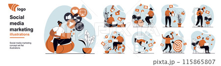 Social media marketing concept with people scenes mega set in flat web design. Bundle of character situation with attracting audience with online advertising and promotion. Vector illustrations. Social media marketing concept with people scenes mega set in flat web design. Bundle of character situation with attracting audience with online advertising and promotion. Vector illustrations. 115865807