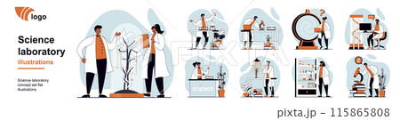 Science laboratory concept with people scenes mega set in flat web design. Bundle of character situation with scientific research, chemical tests, experiment discoveries in lab. Vector illustrations. 115865808
