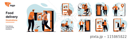 Food delivery concept with people scenes mega set in flat web design. Bundle of character situation with couriers shipping box order, express shipment with tracking map at app. Vector illustrations. 115865822