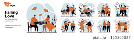 Falling love concept with people scenes mega set in flat web design. Bundle of character situation with dating at restaurant or park, gifting bouquet and heart, couple match. Vector illustrations. 115865827