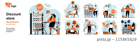 Discount store concept with people scenes mega set in flat web design. Bundle of character situation with shopping with best prices at sales in store showrooms and supermarkets. Vector illustrations. 115865829
