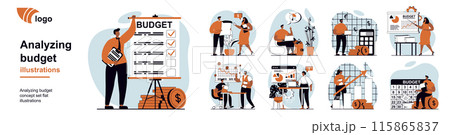 Analyzing budget concept with people scenes mega set in flat web design. Bundle of character situation with bookkeeping doing accounting, calculate financial statistics in report. Vector illustrations Analyzing budget concept with people scenes mega set in flat web design. Bundle of character situation with bookkeeping doing accounting, calculate financial statistics in report. Vector illustrations 115865837