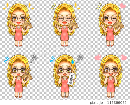 Rich blonde hostess chibi character illustration set 3 115866083