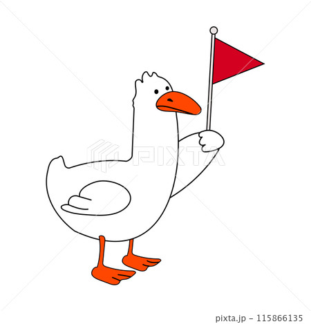 An illustration of a cute silly goose holding a red flag. Adorable farm bird with a caution sigh. 115866135