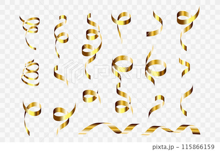 Gold confetti. Serpentine spiral ribbons. Golden luxury party decor. 115866159