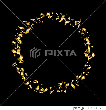 Golden serpentine ribbons frame. Confetti round banner. Golden serpentine ribbons frame. Confetti round banner. 115866170