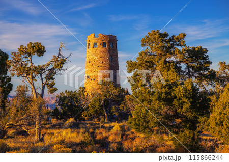 Desert View Watchtower at Grand Canyon South Rim during sunset in Arizona, USA Desert View Watchtower at Grand Canyon South Rim during sunset in Arizona, USA 115866244