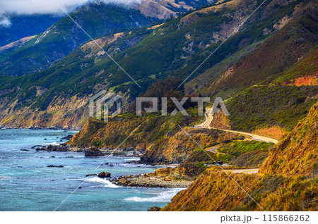 Winding Pacific Coast Highway along the rugged California coastline 115866262