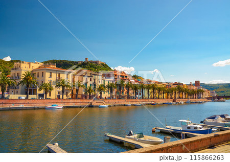 Picturesque view of Bosa town along Temo River in Sardinia, Italy 115866263