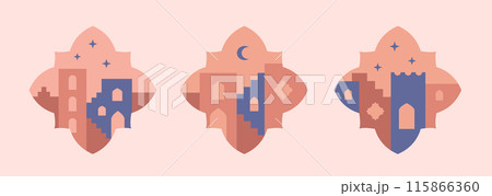 Arabic city landscape view from arches, windows. Abstract muslim moroccan, saudi eastern old city, medina. Simple vector mosque, buildings, houses silhouette. Arabic city landscape view from arches, windows. Abstract muslim moroccan, saudi eastern old city, medina. Simple vector mosque, buildings, houses silhouette. 115866360