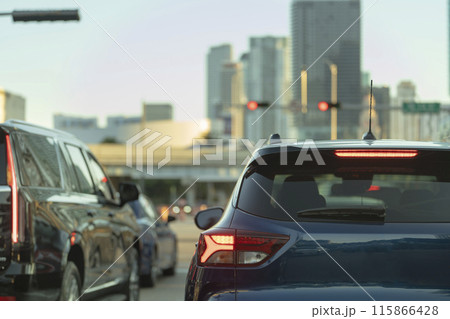 Traffic on American street with driving cars in Miami, Florida. USA transportation 115866428