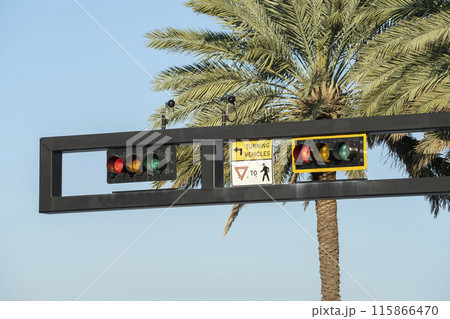 Overhead traffic lights high above street in Miami, Florida 115866470
