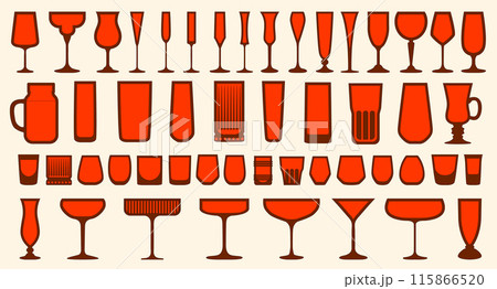 Set of drink glass icons. Vector silhouette illustrations, editable stroke, flat design 115866520