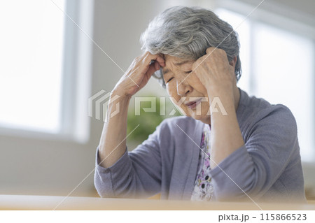 頭を抱える80代の女性 115866523
