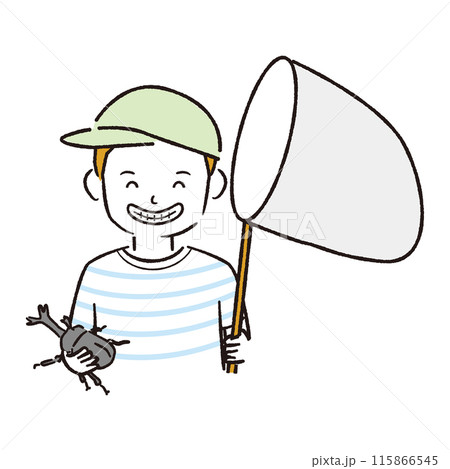 手書き線画カラーイラスト 男の子　カブトムシに笑顔でいっしっし 115866545