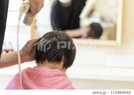 美容院でドライヤーで乾かす女の子（3歳、日本人、ショートヘア） 115866648