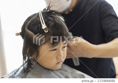 美容院でヘアカットする女の子（3歳、日本人、ショートヘア） 115866680