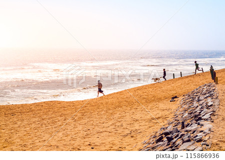 A peaceful moment with running people and dog enjoying a golden sunset on a sandy beach, featuring gentle waves and a clear horizon. A peaceful moment with running people and dog enjoying a golden sunset on a sandy beach, featuring gentle waves and a clear horizon. 115866936