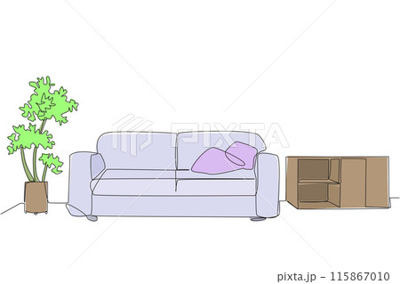 Single one line drawing stylish room with full furniture modern. Comfortable sofa for the living room. Honoring guests. Clean and clear. Minimalist concept. Continuous line design graphic illustration Single one line drawing stylish room with full furniture modern. Comfortable sofa for the living room. Honoring guests. Clean and clear. Minimalist concept. Continuous line design graphic illustration 115867010