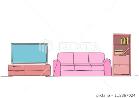 Single continuous line drawing stylish room with full furniture modern. Huge television as a means of entertainment. A relaxing place to spend time on weekends. One line design vector illustration Single continuous line drawing stylish room with full furniture modern. Huge television as a means of entertainment. A relaxing place to spend time on weekends. One line design vector illustration 115867024