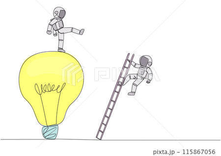 Single continuous line drawing astronaut kicks opponent who climbing the lightbulb with a ladder. Dropping colleague because don't have bright ideas. The traitor. One line design vector illustration 115867056